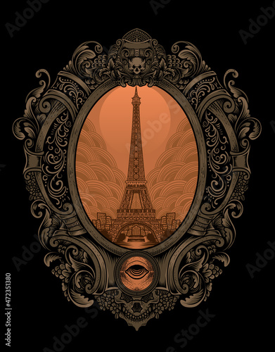 illustration retro eiffel tower with vintage style