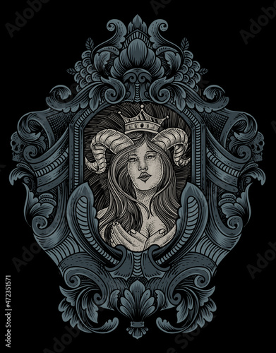 illustration demon girl with engraving style