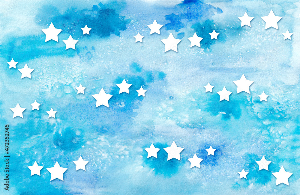 Watercolor abstract background. White stars on a blue background.