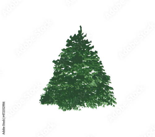 Christmas tree clipart. Spruce tree isolated on a white background. Watercolor landscape scene object. Hand-drawn green pine tree illustration. Silhouette of an evergreen plant.