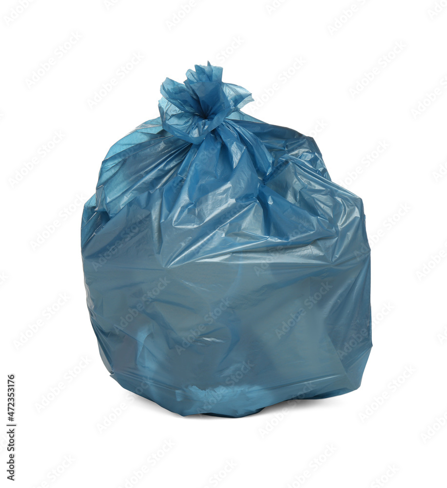 Blue trash bag filled with garbage isolated on white Blue trash bag filled with garbage isolated on white
