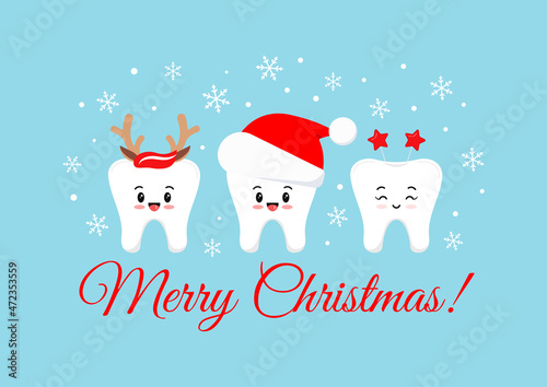 Christmas teeth with xmas accessories on dentist greeting card. White cute winter teeth emoticons in santa hat with deer horns and headbnd photo props. Flat design cartoon vector illustration.
