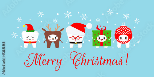 Christmas teeth in xmas carnival costume on dentist greeting card. Cute white winter teeth emoji santa claus, deer, elf, gift and ornament. Flat design cartoon christmas banner vector illustration.