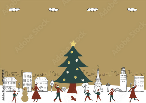 クリスマス　手描き街並み背景