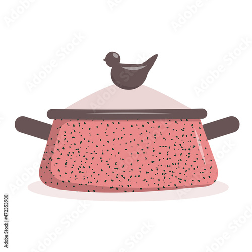 Handmade ceramic tableware. Craft dishes for breakfast, lunch and dinner, a saucepan with a handle in the form of a bird. Handmade texture. Vector illustration