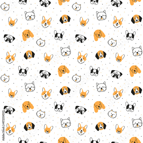 Seamless pattern with faces of different breeds dogs. Corgi, Pug, Chihuahua, Terrier, Pomeranian, Spaniel. Texture with dog heads. Hand drawn vector illustration in doodle style on white background