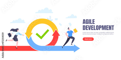 Agile development methodology business concept flat style design vector illustration isolated on white background. Agile life cycle for software development diagram. Business person run into project.