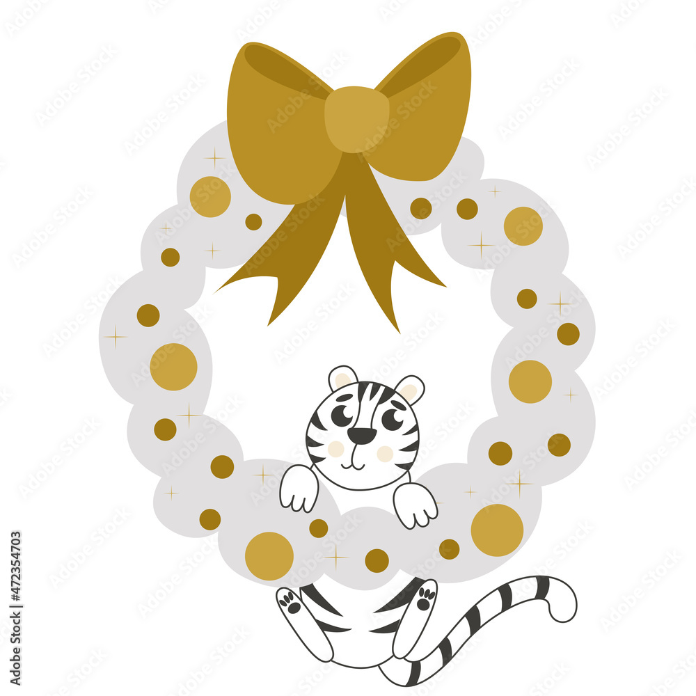 Fototapeta premium Christmas wreath with tiger. Cute Christmas vector illustration. In minimalist style. Ideal for printing, design, postcards, posters, invitations.