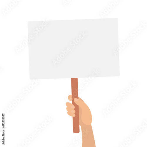 Hand holding blank plate poster placard. Frame for your message advertisement. Vector cartoon flat illustration