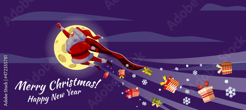 Santa Claus funny as Superhero wearing cape flying in space above Earth giving out gift boxes. Merry Christmas poster background cartoon style illustration