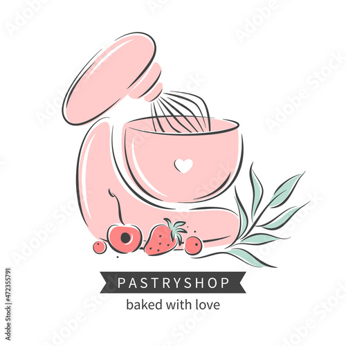 Pastry shop logo. Planetary stationary dough mixer and different berries and plants. Vector illustration on white background 