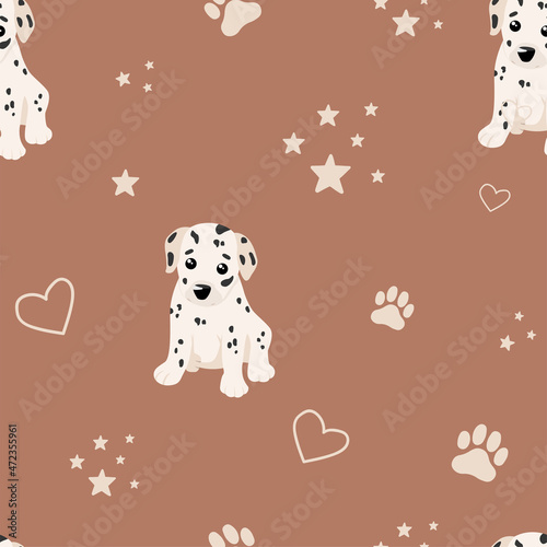 Seamless pattern of dalmatian dog, stars, footprint, heart. Puppy on brown background