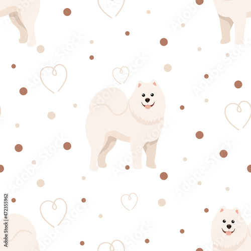 Seamless pattern of samoyed dog, heart, dot. Whati Fluffy buddy clipart. Vector illustration.