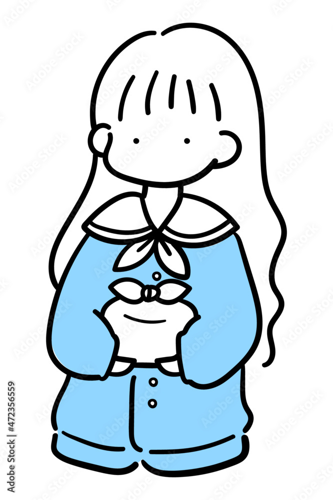 お弁当を持つ女子高生のおしゃれな線画イラスト お弁当を持つ女子高生のおしゃれな線画イラスト