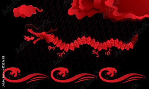 A modern style dragon flying on the sky. With raining and sea wave elements. Vector.