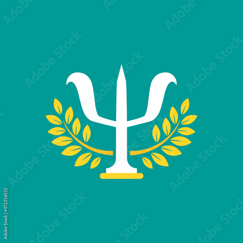 Greek letter Psi with golden laurel leaves crown. Neuropsychology and psychology logo isolated on blue