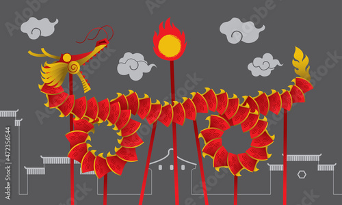 Traditional Chinese dragon dance performance. Vector. With simplified elements background.
