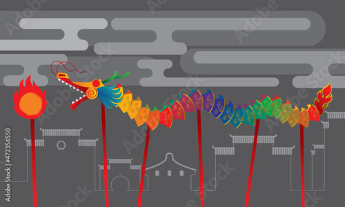 Traditional Chinese dragon dance performance. Vector. With simplified elements background.