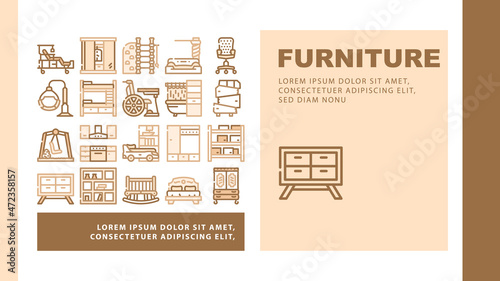 Furniture House Room Interior Landing Web Page Header Banner Template Vector. Vintage And Modern Furniture, For Sport Exercising And Relaxation, Bedroom Bed And Office Chair, Warehouse Illustration