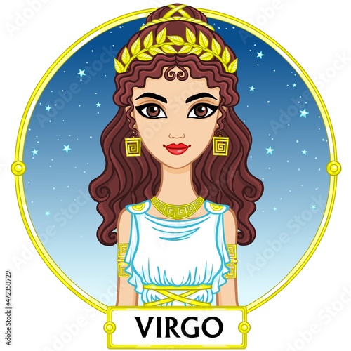 Zodiac sign Virgo. Fantastic princess  animation portrait. Background - a frame  the night star sky. Vector illustration isolated on white.