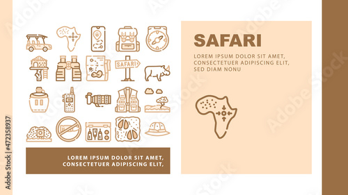 Safari African Hunting Vacation Landing Web Page Header Banner Template Vector. Rhinoceros Animal Hunt In Safari And Hunter Equipment, Compass And Binoculars Tool, Walkie-talkie Illustration