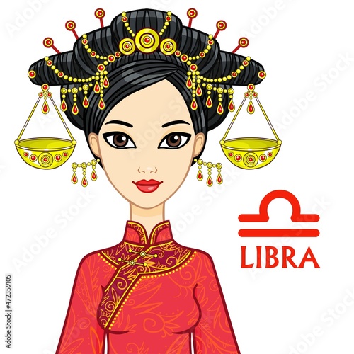 Zodiac sign Libra. Fantastic princess, animation portrait. Vector illustration isolated on a white background.