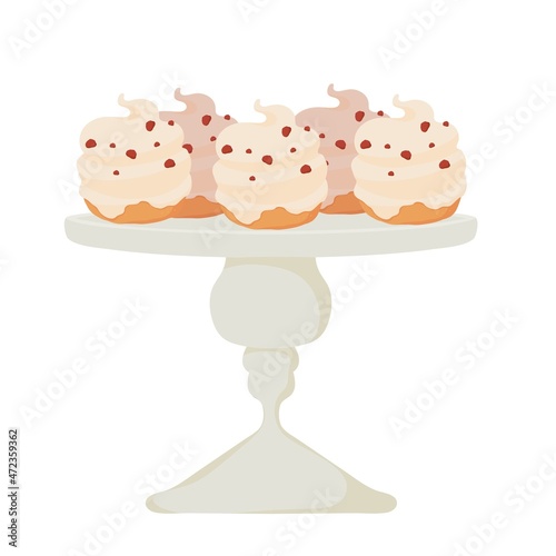 Cakes with whipped cream on a serving platter. Party, Birthday, celebration, Wedding, Christmas, Valentine's Day. Vector isolated colorful element.