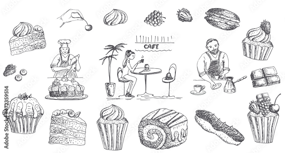 Cakes, muffins, sweets. Vector illustration of sweet pastries, sketch.
