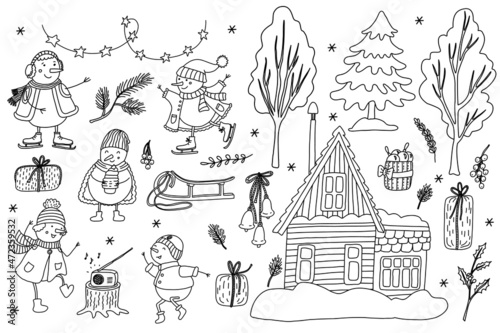 Set with funny snowmen, snow trees, house and Christmas decorations. Doodle hand drawn illustration isolated on white. Black outline. Great for coloring books. Cozy winter design.
