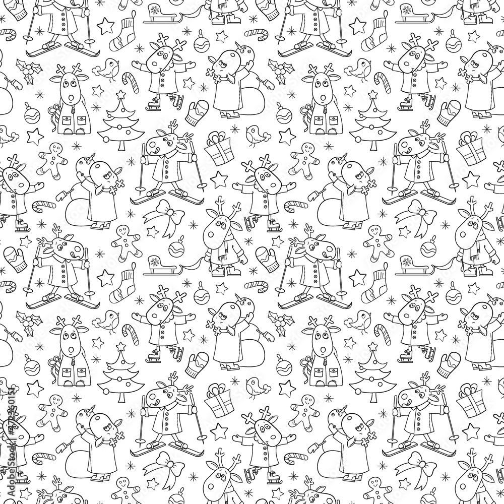 Seamless pattern for the new year and Christmas, funny dark contour cartoon moose for winter entertainment, outline animals on a white background