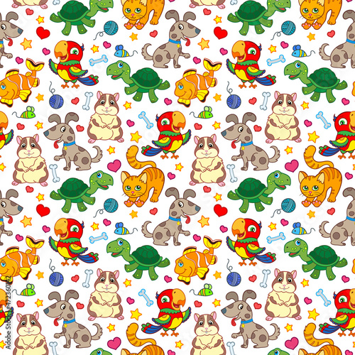 Seamless pattern with cute Pets, bright animals on white background