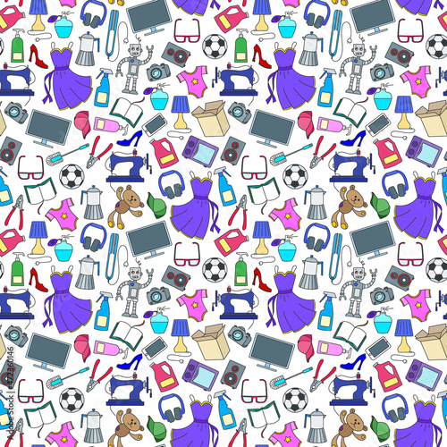 Seamless pattern on a variety of products and shopping  simple purchase icons  color icons on a white background