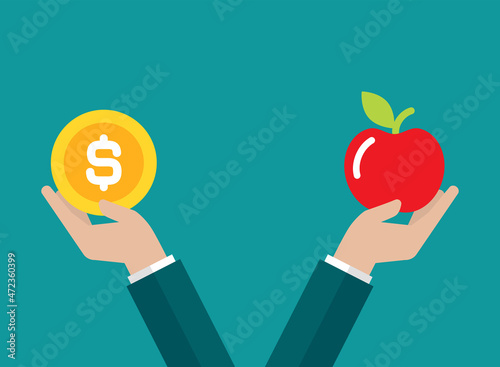 businessman hands hold dollar coin and apple. Pay, buy, sell goods, market balance concept.