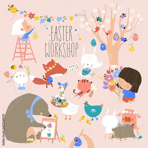 Cartoon Set with Cute Animals getting ready for Easter,painting,Handiwork