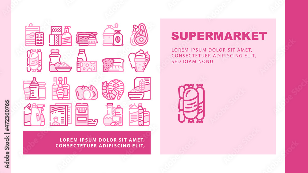 Supermarket Selling Department Landing Web Page Header Banner Template Vector Bakery And Dessert, Preserves And Canned Food, Meat And Seafood, Domestic Chemical Liquid And Detergent Illustration Supermarket Selling Department Landing Web Page Header Banner Template Vector Bakery And Dessert, Preserves And Canned Food, Meat And Seafood, Domestic Chemical Liquid And Detergent Illustration