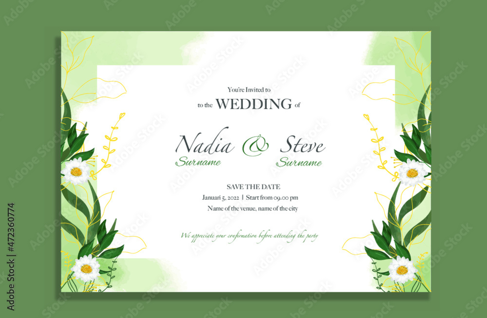 Green floral wedding invitation card.
