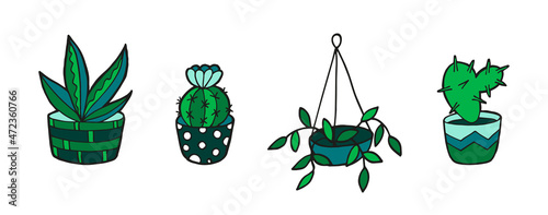 Hand drawn set with house plants in green colors isolated on white background. Cute element for card, social media banner, sticker, decoration kids playroom. Vector illustration in doodle style