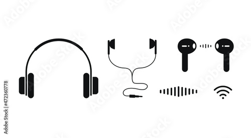 A set of different headphones. Wired and wireless. Transmission signal, communication. Vector icon, flat minimal cartoon design isolated on white background, eps 10.