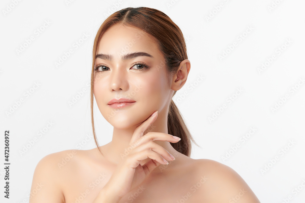 Naklejka premium Beautiful young asian woman with clean fresh skin on white background, Face care, Facial treatment, Cosmetology, beauty and spa, Asian women portrait.