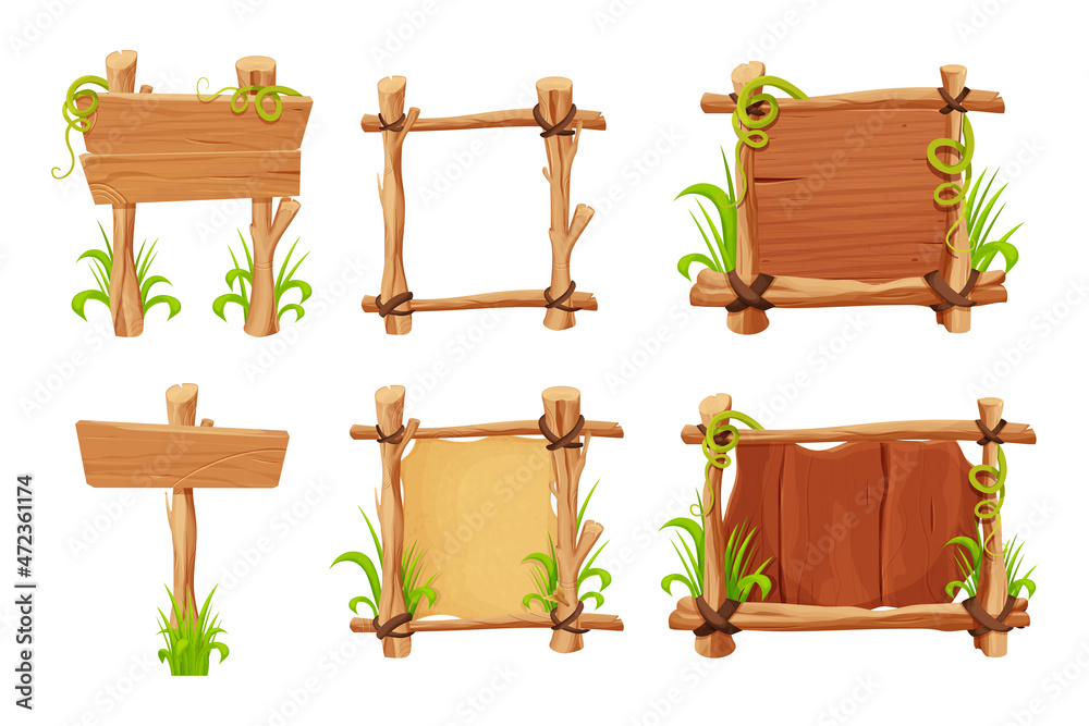 Set Frames from sticks, wooden planks decorated with grass and liana, parchment in comic cartoon style isolated on white background. Border, jungle panel textured and detailed. Game asset, menu