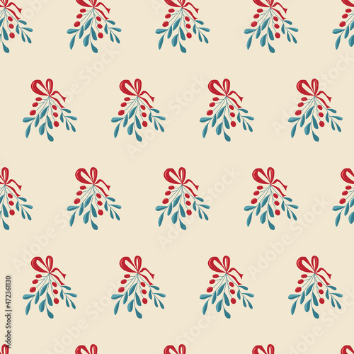Seamless festive pattern of mistletoe branches on beige background. Vector illustration for background  decor  fabrics and postcards