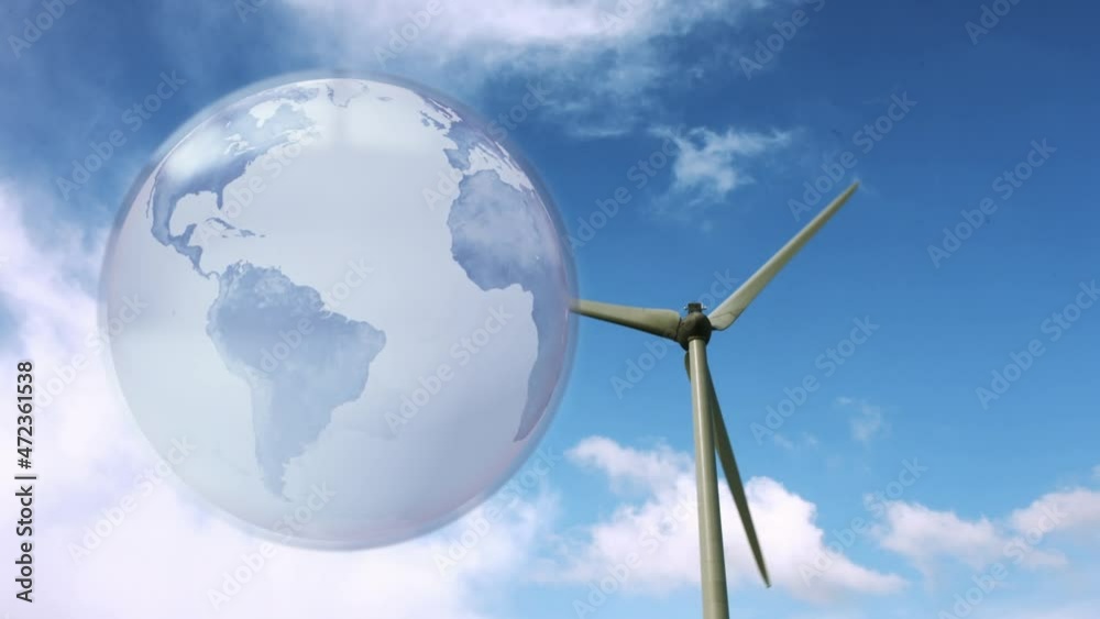 Animation of globe over wind turbine in countryside Animation of globe over wind turbine in countryside