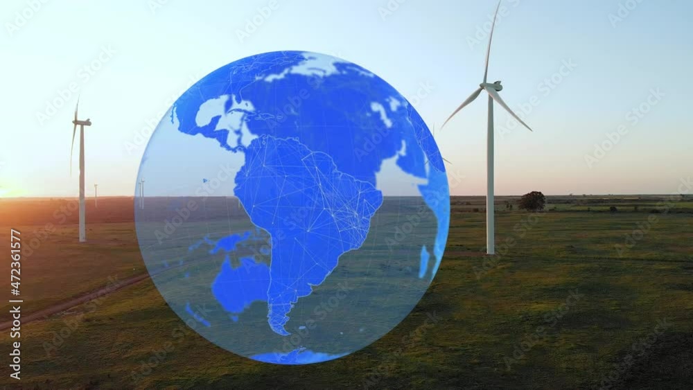 Animation of globe with numbers over wind turbines in countryside Animation of globe with numbers over wind turbines in countryside