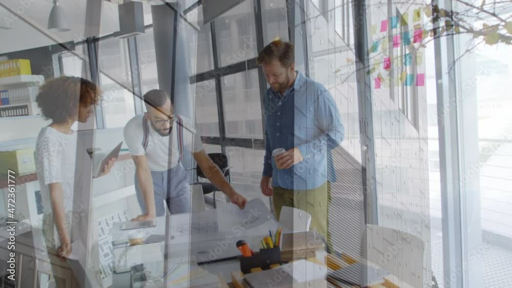 Animation of office building over business people talking in modern office Animation of office building over business people talking in modern office