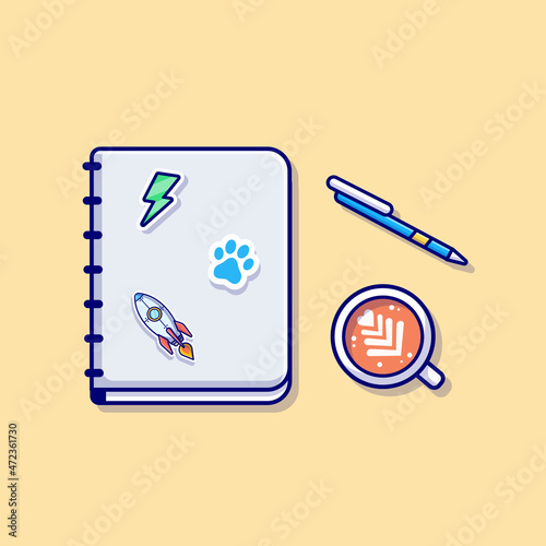 Book With Pen And coffee Cartoon Vector Icon Illustration Business Education Icon Concept Isolated Premium Vector. Flat Cartoon Style photo