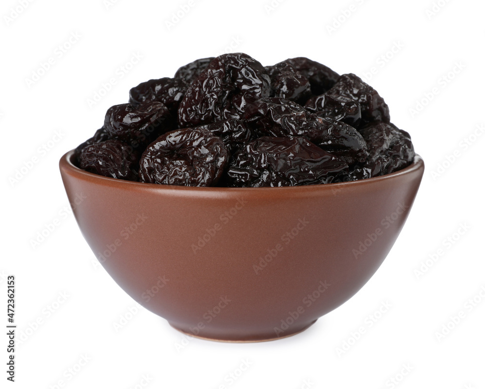 Bowl with sweet dried prunes isolated on white Bowl with sweet dried prunes isolated on white