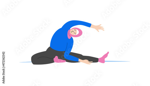 Muslim woman doing yoga exercise. Sport fitness for women in hijab. Body positive concept illustration