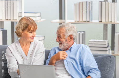 Happy senior couple in living room, Elderly woman and a man relaxing on cozy sofa at home, Happy family concepts