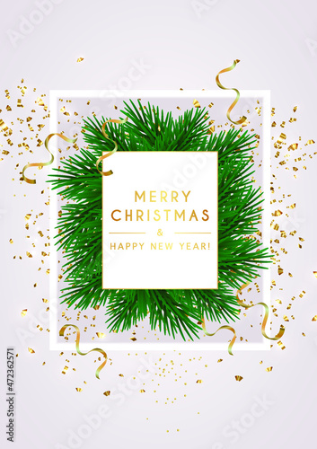 Merry Christmas and Happy New Year. Vector illustration for winter holiday. December. Flying golden confetti. Golden luxury product label. Web banner, poster, postcard. Modern design 