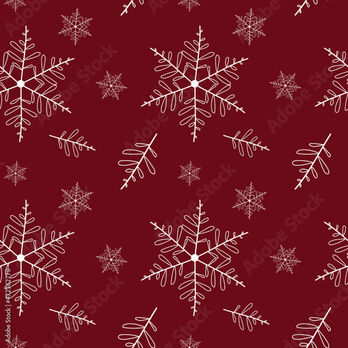 Seamless festive pattern of white snowflakes on a burgundy background. Vector illustration for background, decor, fabrics and postcards